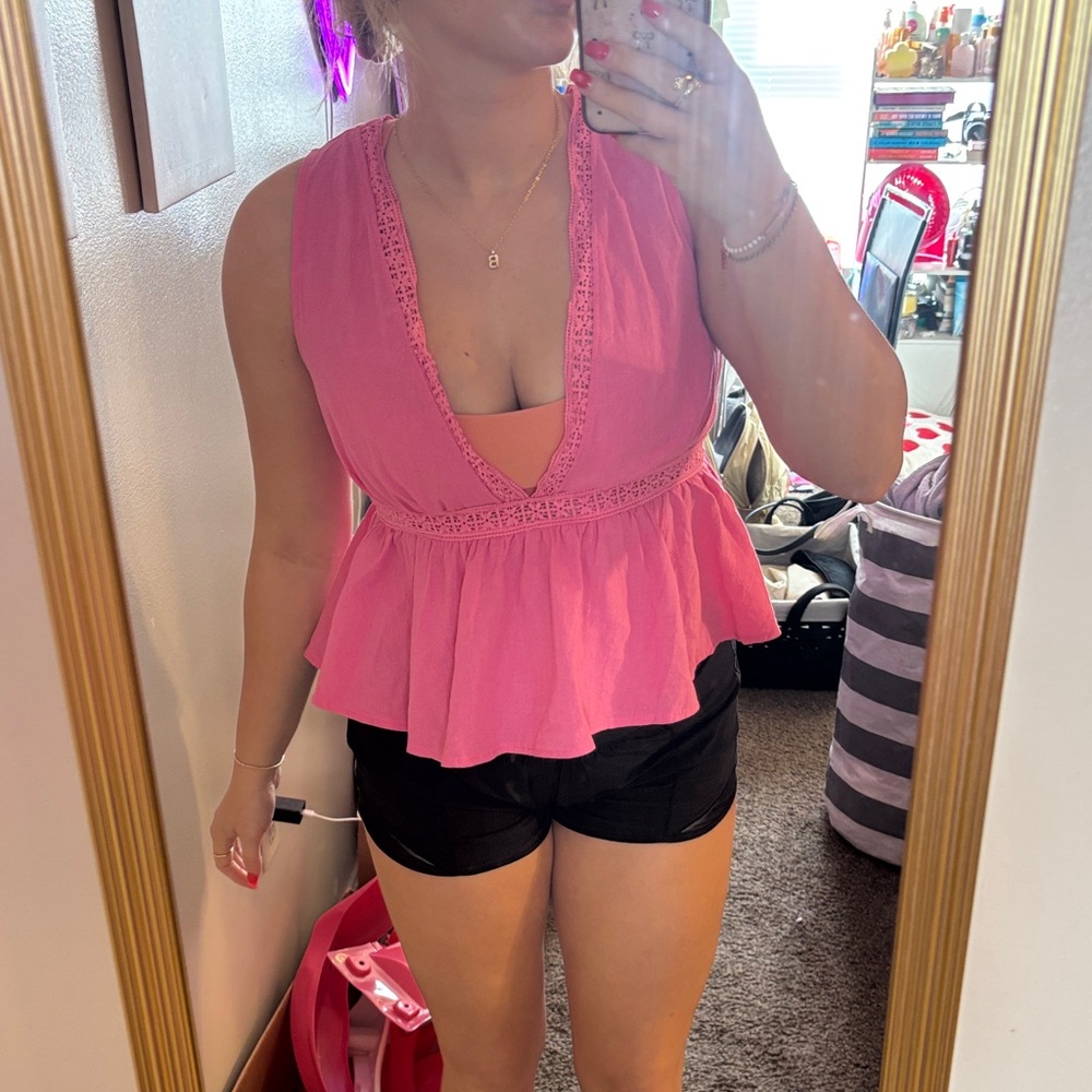 SHEIN Pink Lace Trim Peplum Tank Top